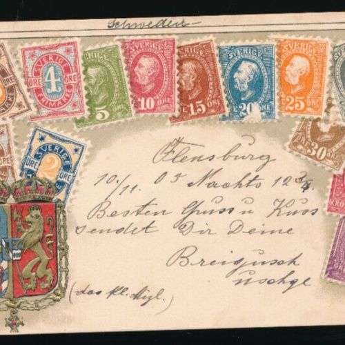 Präge-Litho-Karte Schweden mit Wappen und Marken (2749)