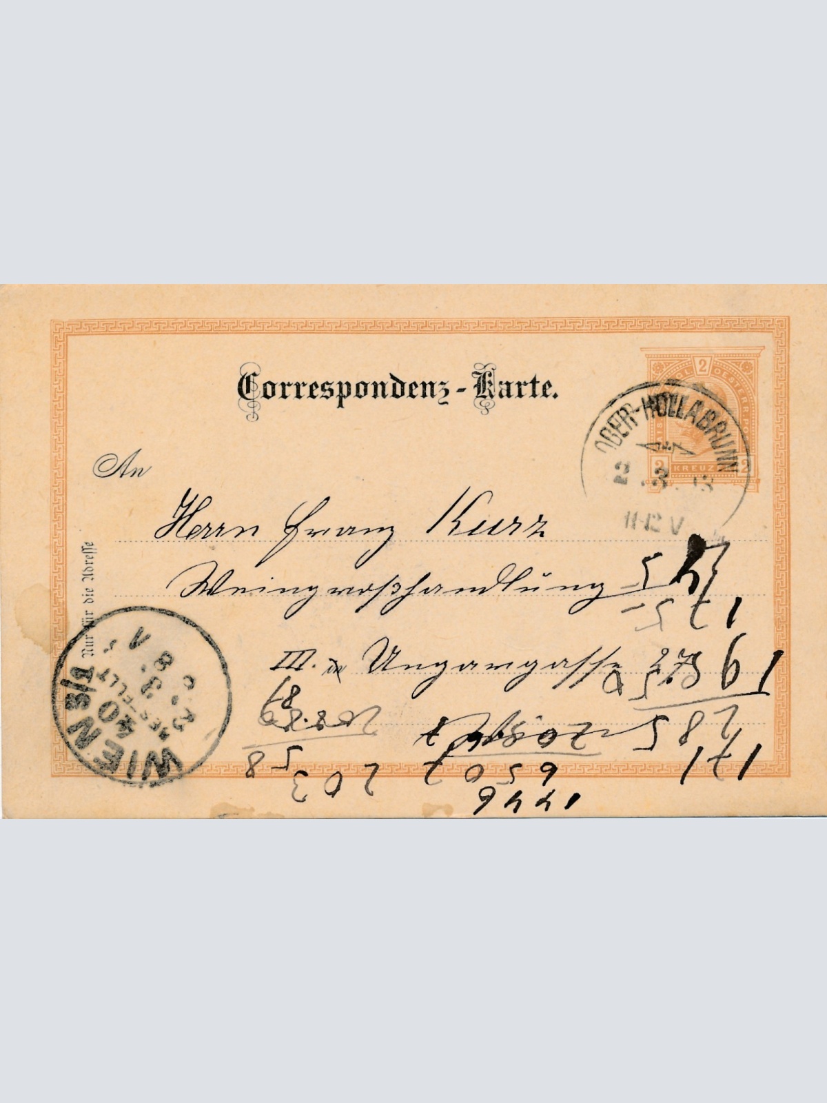 2 Kreuzer Ganzsachen - Karte aus Ober Hollabrunn (16359)