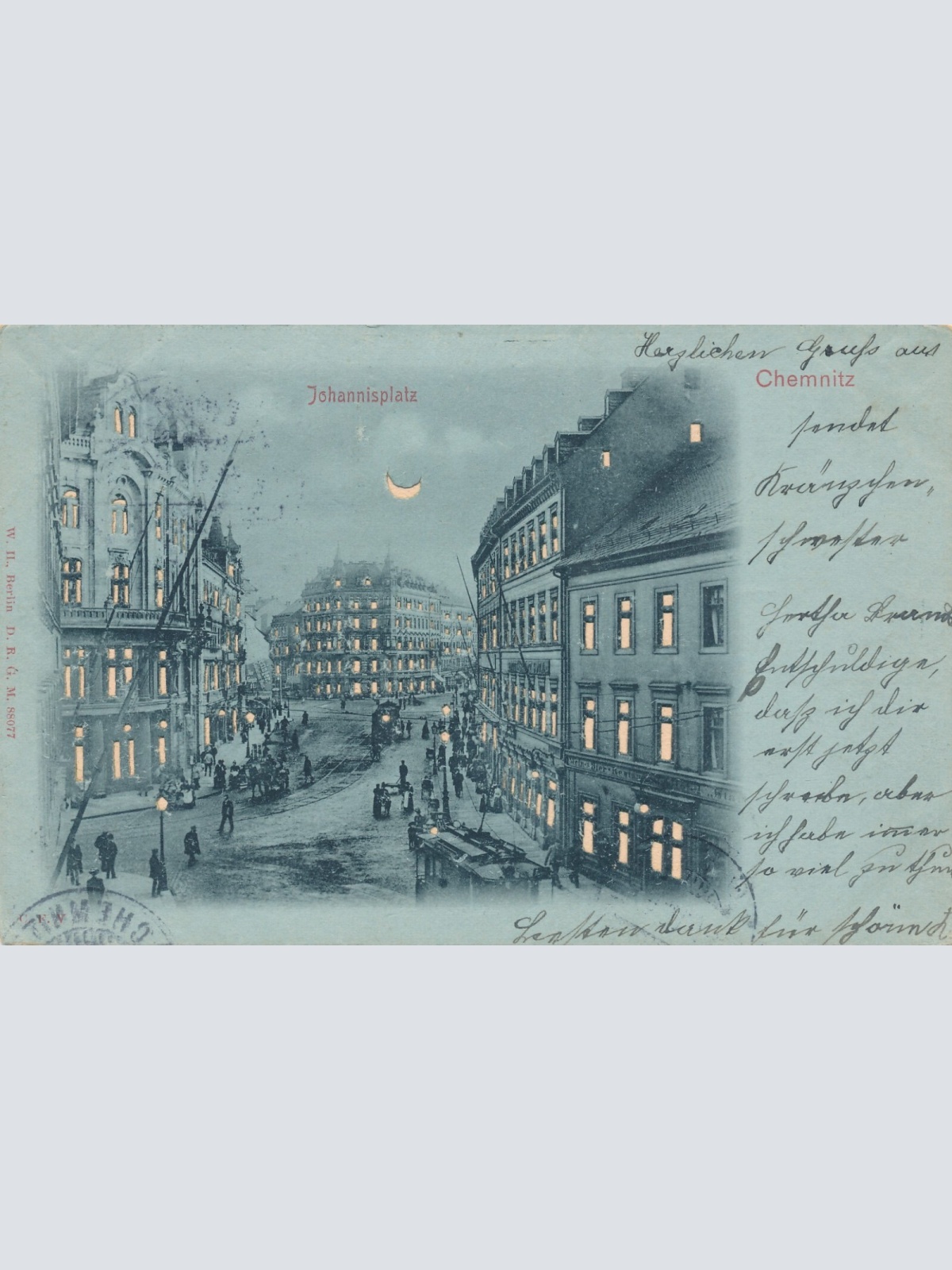 AK, Johannisplatz, Chemnitz, Sachsen, mit leuchtenden Fenster (S190)