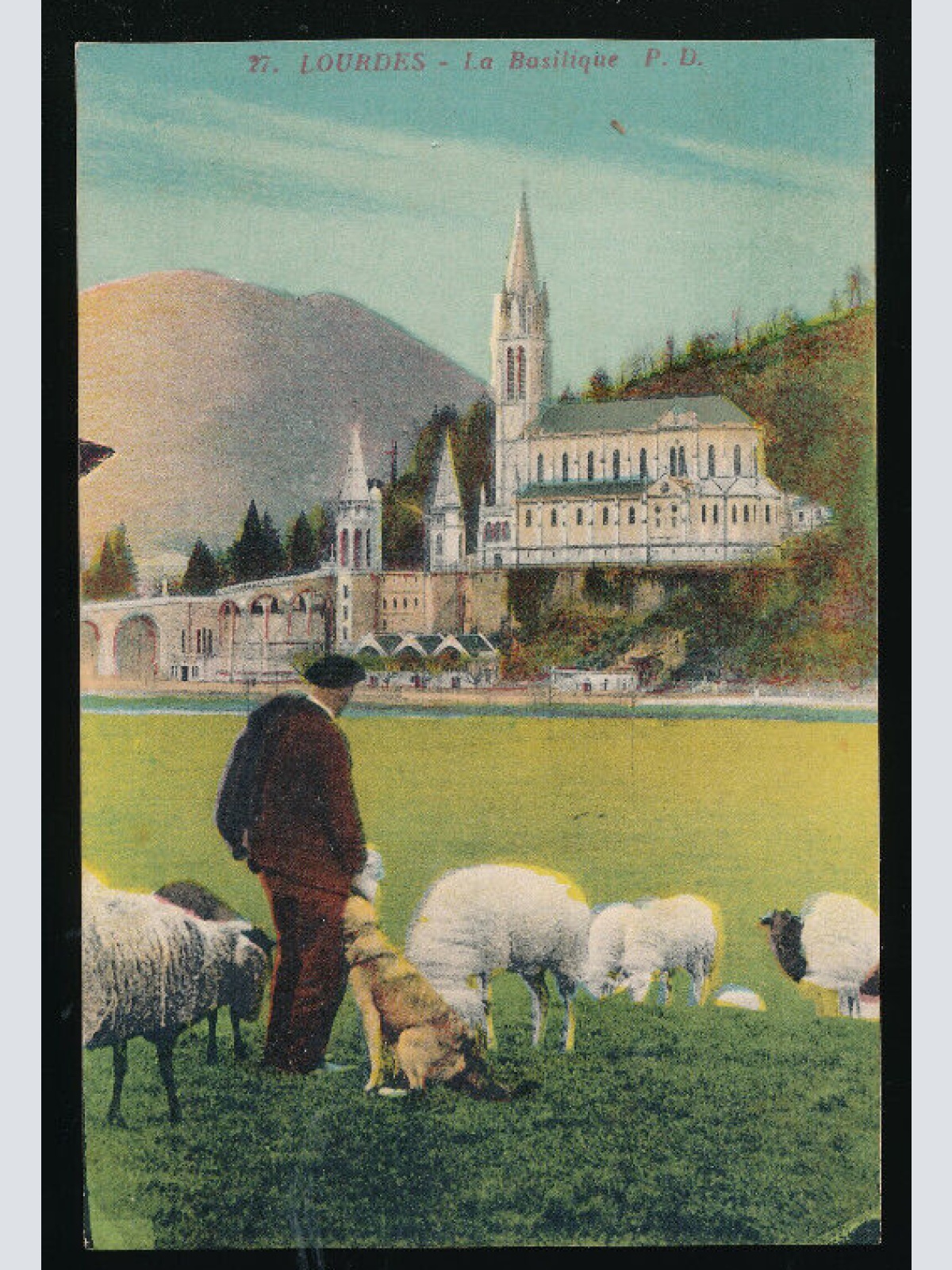 AK aus Lourdes Mann mit Schafen und Hund Bauernleben (3434)