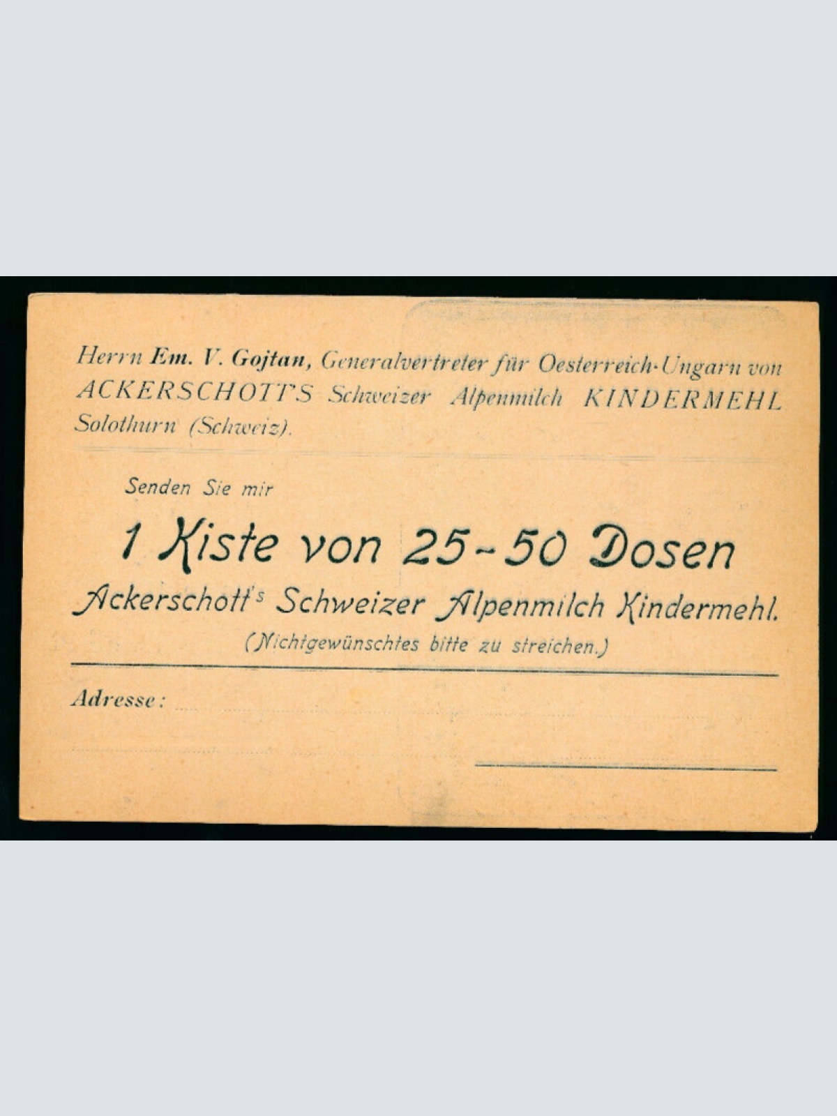 Alte Reklamekarte Ackerschotts Kindermehl Solothurn Schweiz (3636)