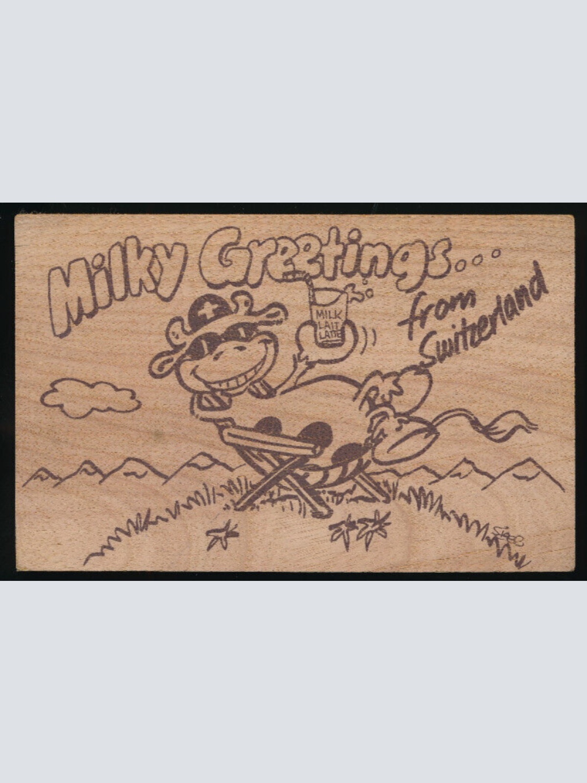 AK Schweizer Holzpostkarte Milky Greetings from Switzerland - Schweiz (3573)