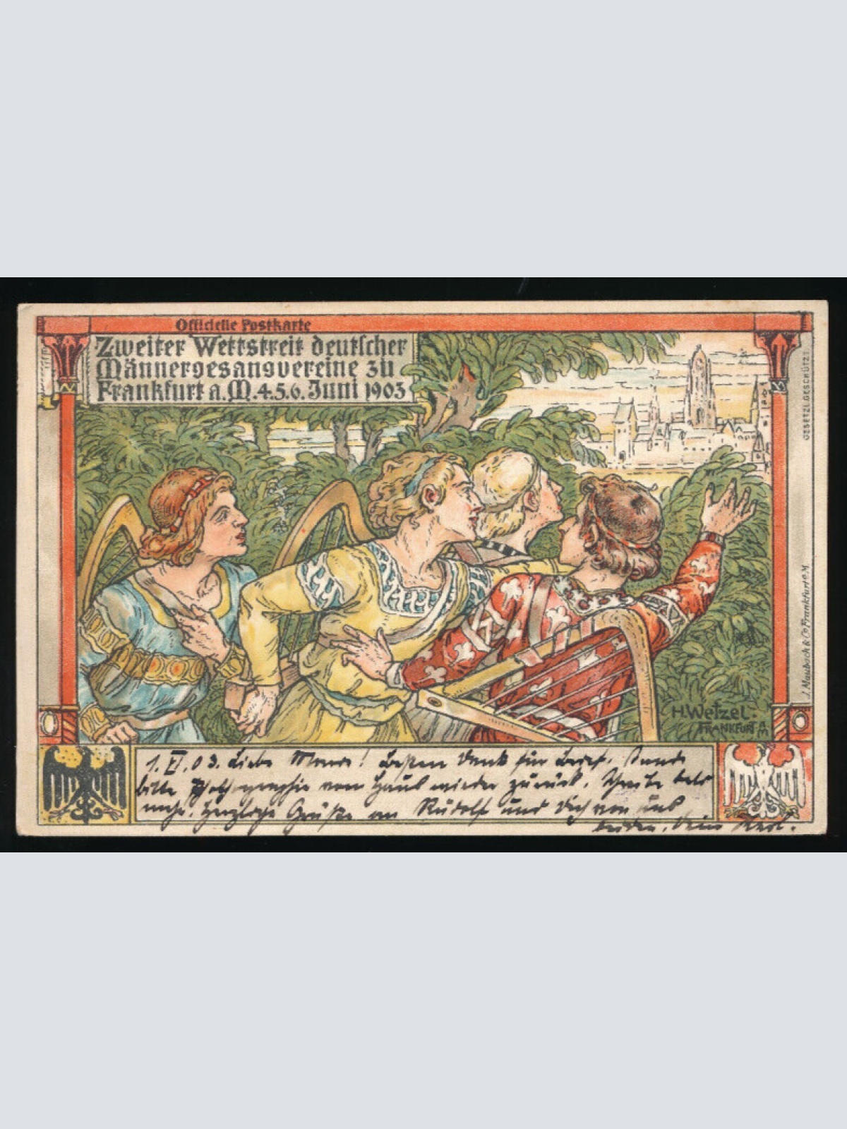 Litho - Karte aus Frankfurt 2. Wettstreit der Männer Gesangsvereine Hessen(3400)