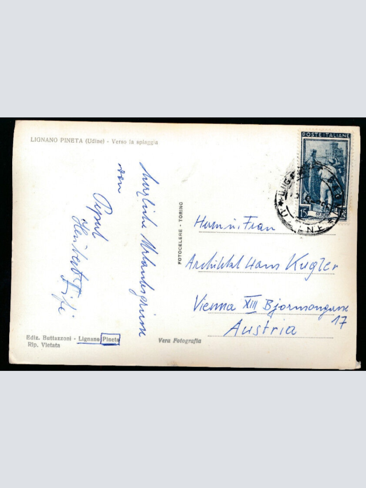 AK aus Lignano Pineta Udine mit Oldtimer und Strasse zum Meer Italien (4007)