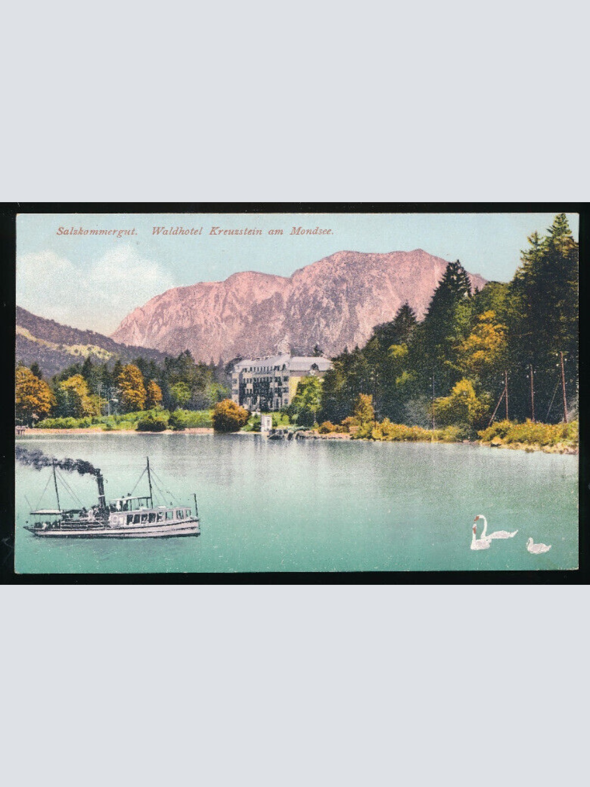 AK aus Kreuzstein am Mondsee mit Dampfer u. Waldhotel Oberösterreich (4587)