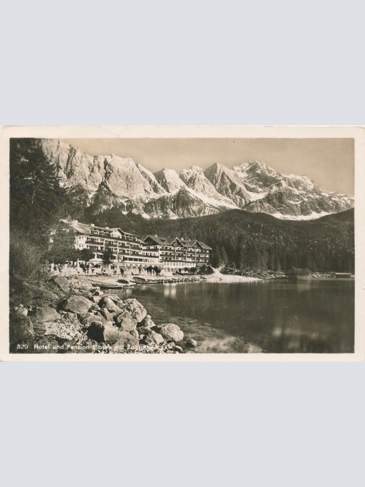 AK, Hotel und Pension Eibsee mit Zugspitze, Grainau, Bayern, Deutschland (S433)