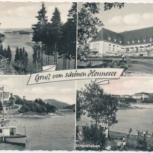 AK, Gruß vom schönen Hennesee, Rasthaus, Strandleben, Rundfahrtenboot (S527)