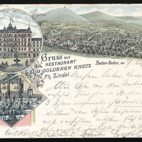 Litho-Karte aus Baden Baden gruss aus Restaurant zum Goldenen Kreuz (4607)