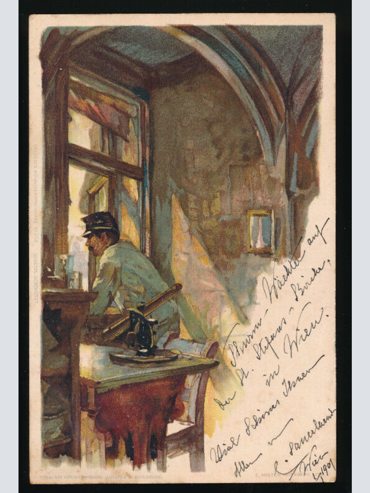 Veltens Künstlerkarte Nr.308 Soldat sieht aus dem Fenster (5043)