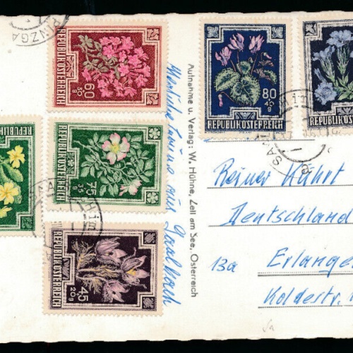 Karte 1961 aus Saalbach nach Erlangen mit 6 Blumenmarken (5379)