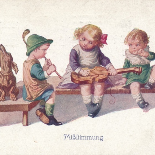 AK, Mißstimmung, 3 Kinder mit Hund und Instrumente (S1640)