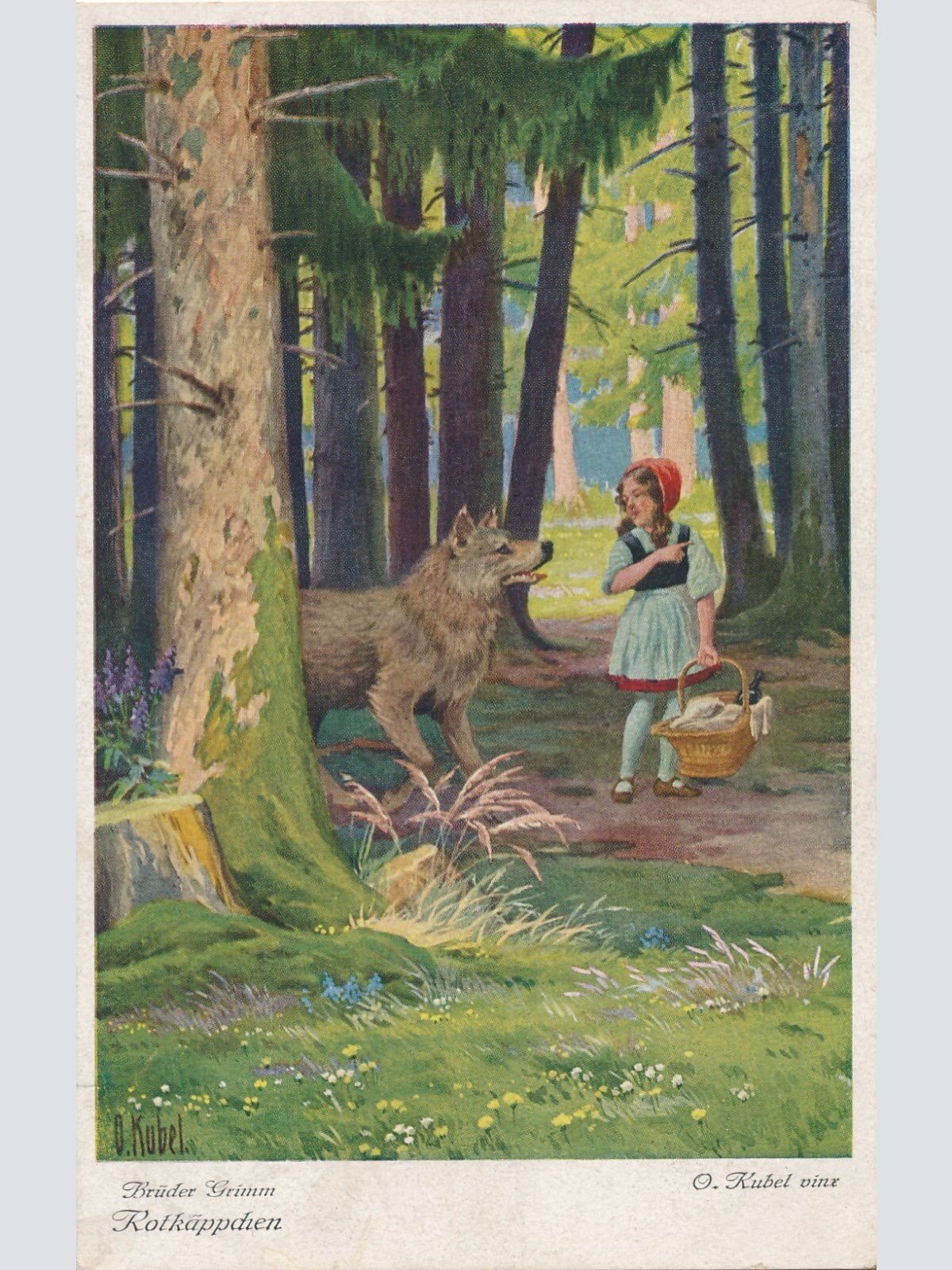 AK, Brüder Grimm, Rotkäppchen neben Wolf im Wald (S1646)