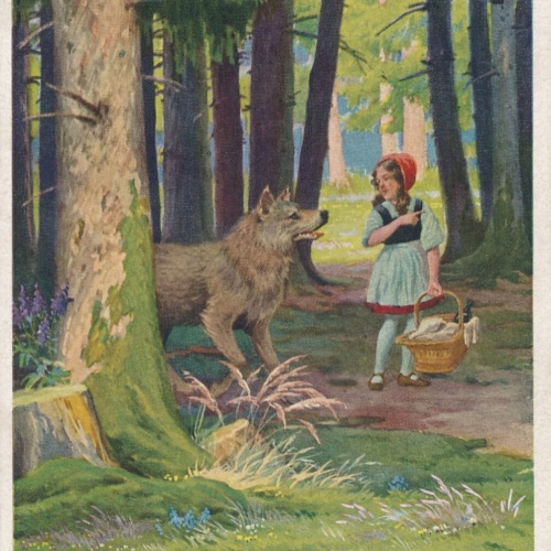 AK, Brüder Grimm, Rotkäppchen neben Wolf im Wald (S1646)