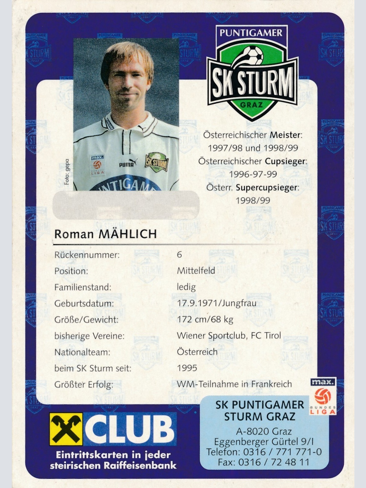 AK, Autogramm-Karte, Roman Mählich, SK Sturm (S1624)