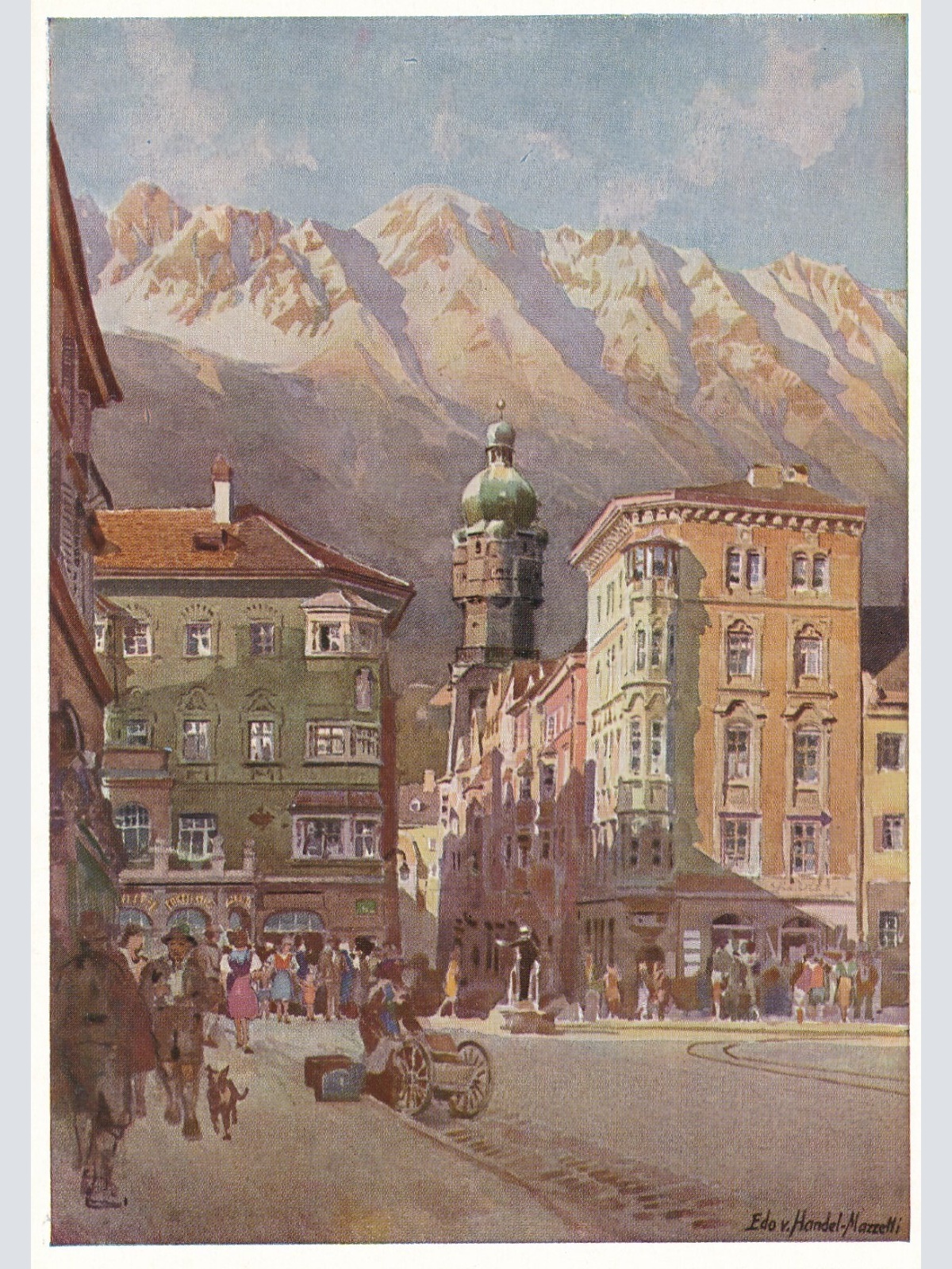 Künstlerserie Innsbruck, Nr. 4, Maria-Theresien-STR. mit Stadtturm Tirol (S1555)