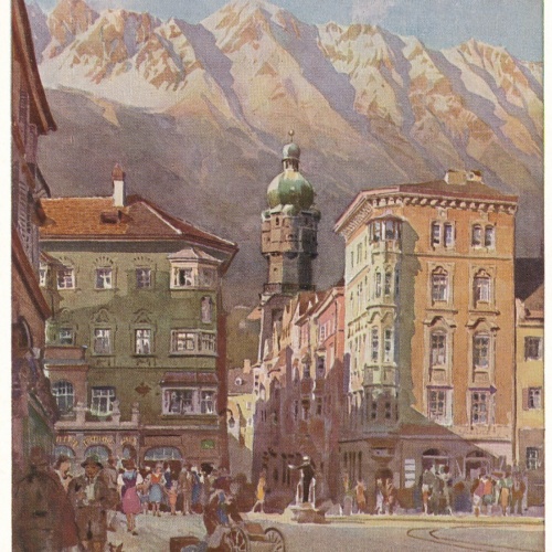 Künstlerserie Innsbruck, Nr. 4, Maria-Theresien-STR. mit Stadtturm Tirol (S1555)
