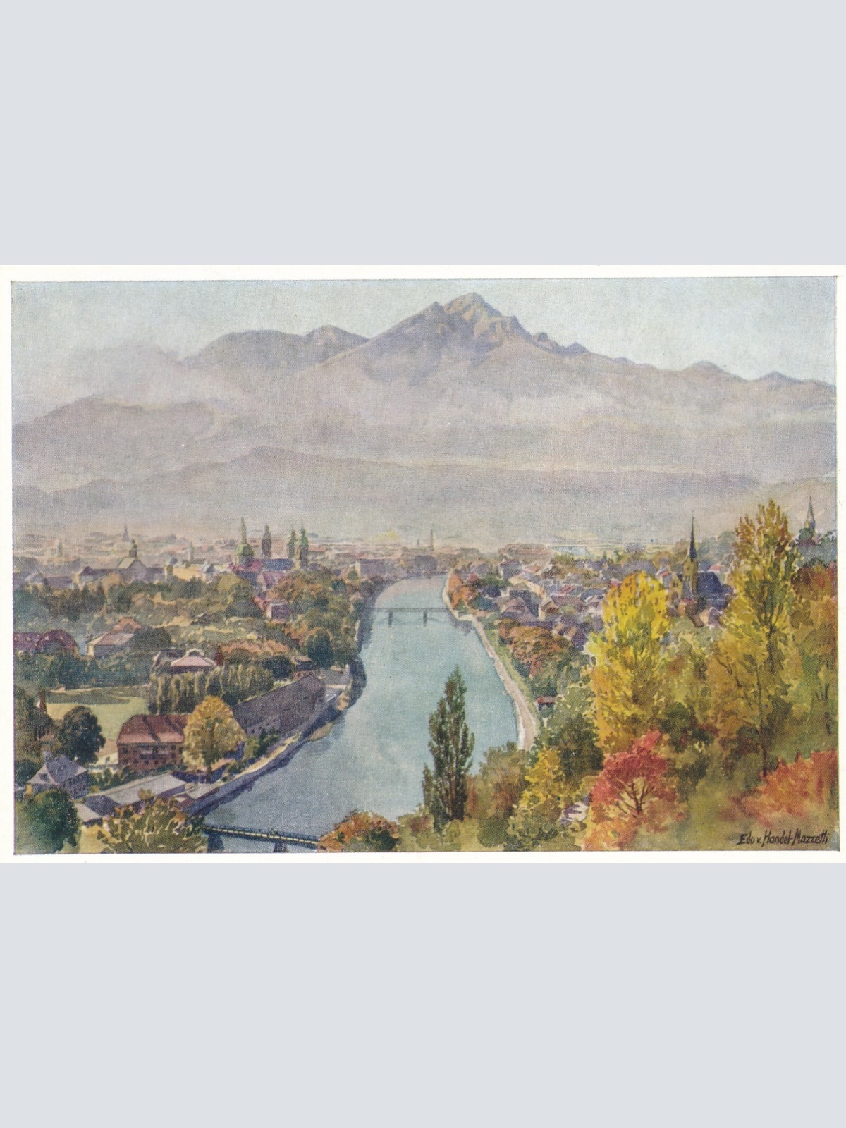 Künstlerserie Innsbruck, Nr. 9, Stadt am Inn mit Nockspitze, Tirol (S1552)