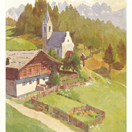 AK Künstlerserie Seefeld, Nr. 5. Mösern gegen die Kalkkögel, Tirol (S1548)
