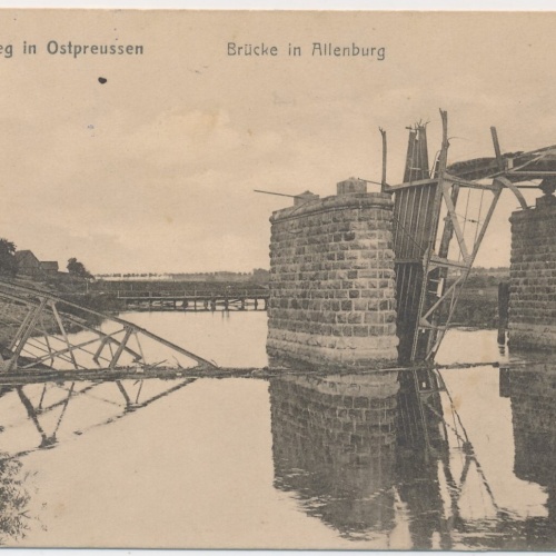 AK, Der Krieg in Ostpreussen, Brücke in Allenburg (S1900)