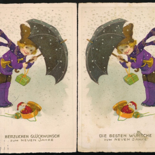 Zwei Glückwunsch - Karten Neujahr Kind mit Regenschirm (5637)