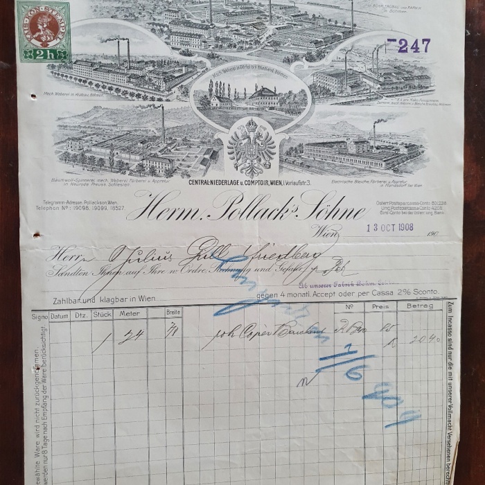 Alte Rehnung 1908 aus Wien Electrische Bleiche und Färberei Herm. Pollack (X4)