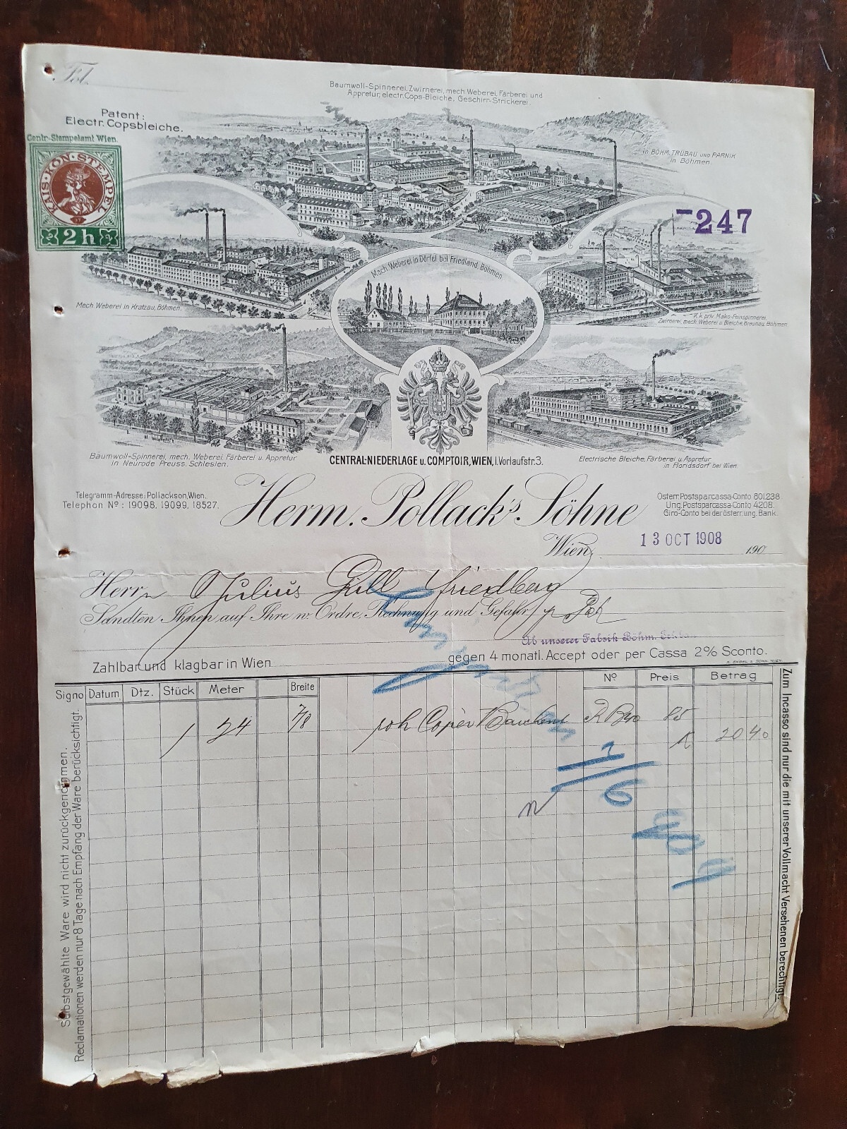 Alte Rehnung 1908 aus Wien Electrische Bleiche und Färberei Herm. Pollack (X4)