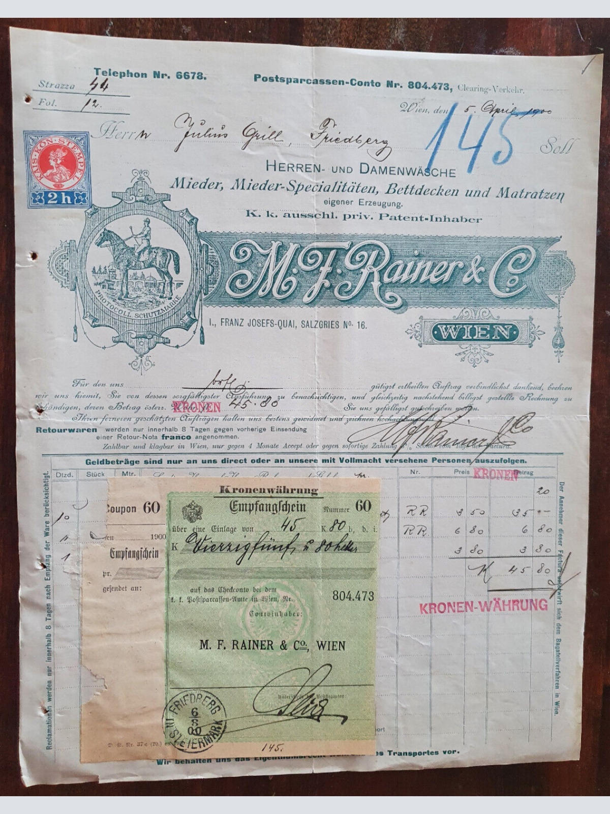 Alte Rehnung 1900 aus Wien Herren und Damenwäsche M.F. Rainer und Co (X1)