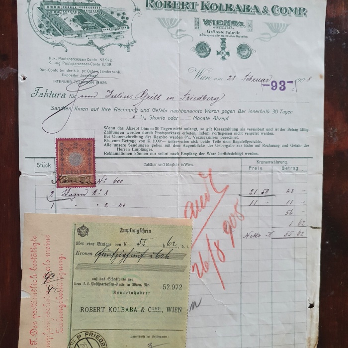 Alte Rehnung 1908 aus Wien Drahtmatratzen und Kinderwagen Robert Kolbaba (X5)