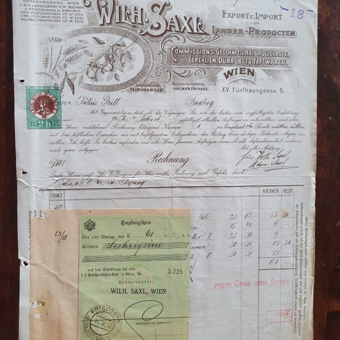 Alte Rehnung 1912 aus Wien Dürrobst und Fettwaren Wilhelm Saxl (X2)