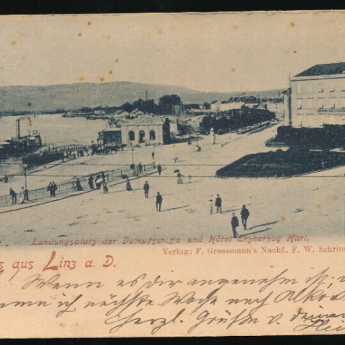 AK gruss aus Linz Landungsplatz mit Hotel Erzherzog Karl Oberösterreich (5923)