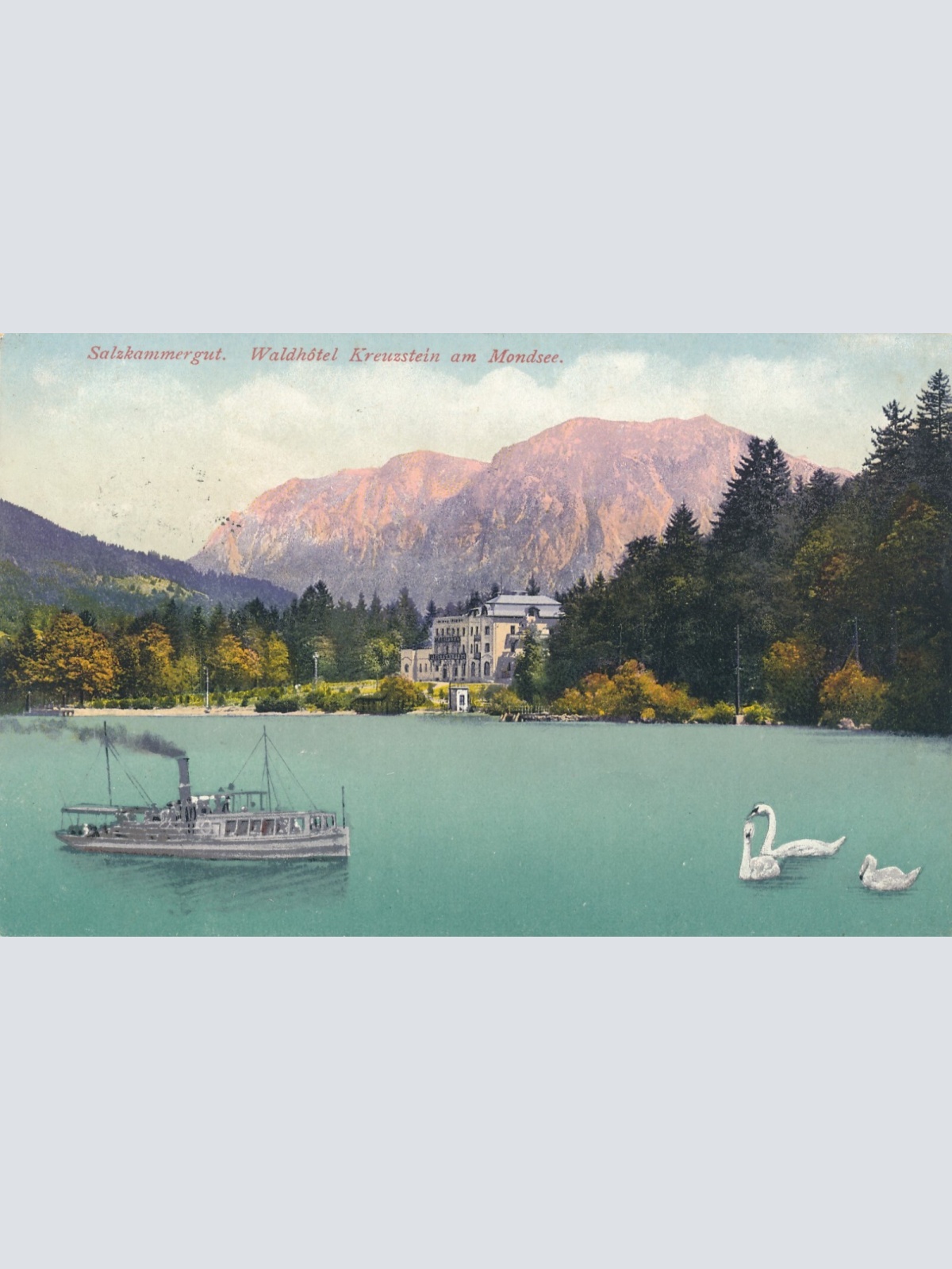 AK aus vom Waldhotel Kreuzstein am Mondsee mit Dampfer Oberösterreich (6710)