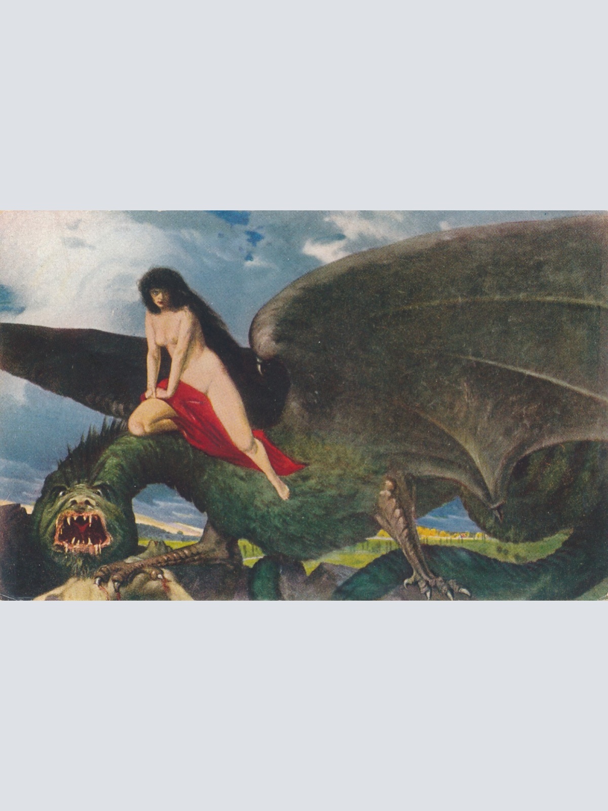 Künstlerische Sagen und Legenden Karte Dämon der Liebe Frau auf Drache (6501)