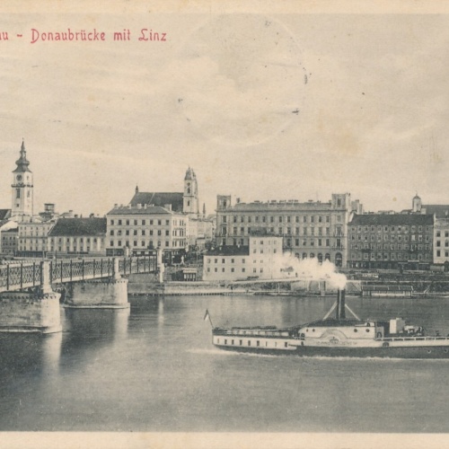 AK aus Linz an der Donau Donaubrücke mit Dampfer Oberösterreich (7940)