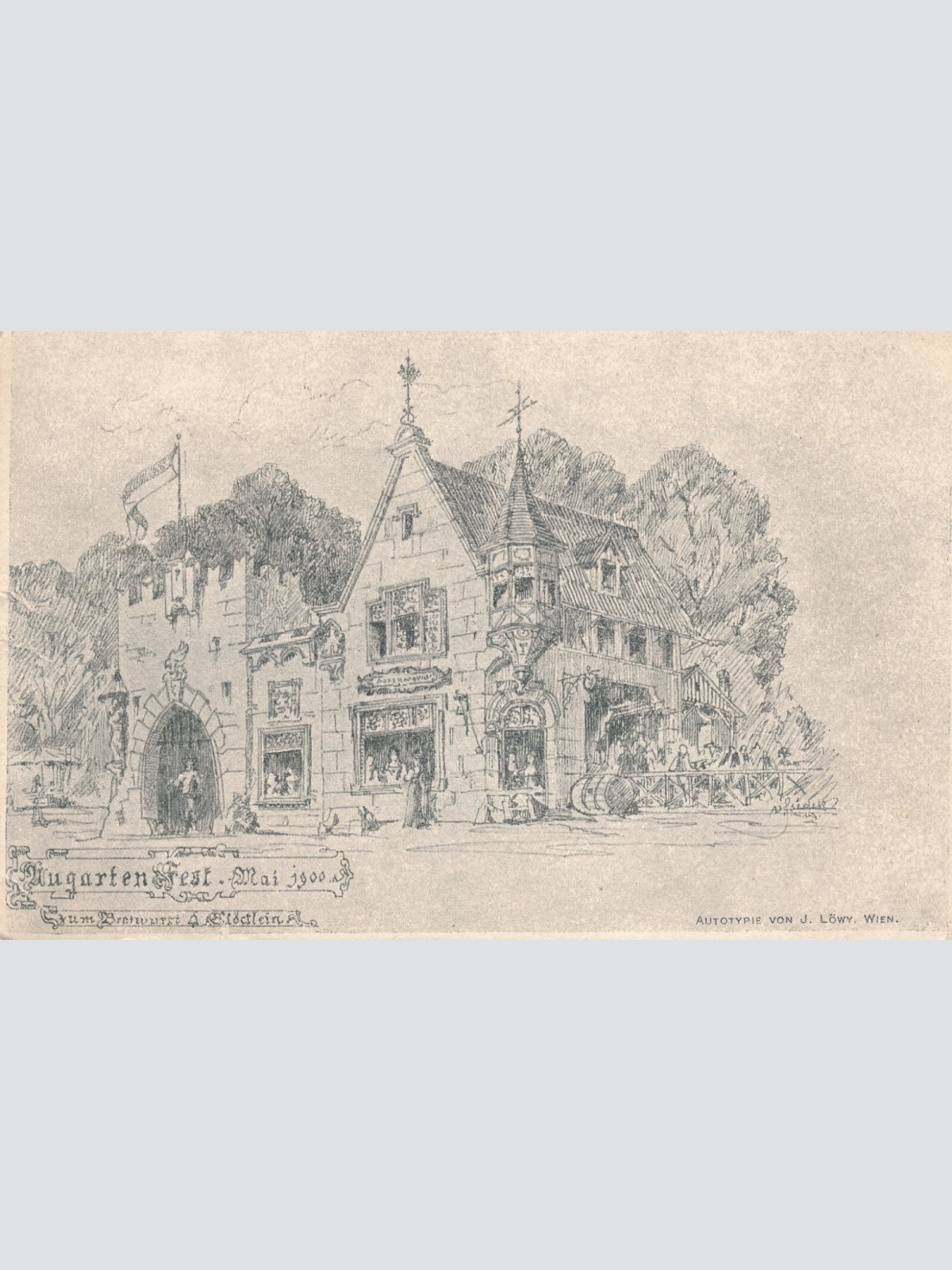 AK aus Wien zum Bratwurst Glöcklein Augartenfest mai 1900 (7555)