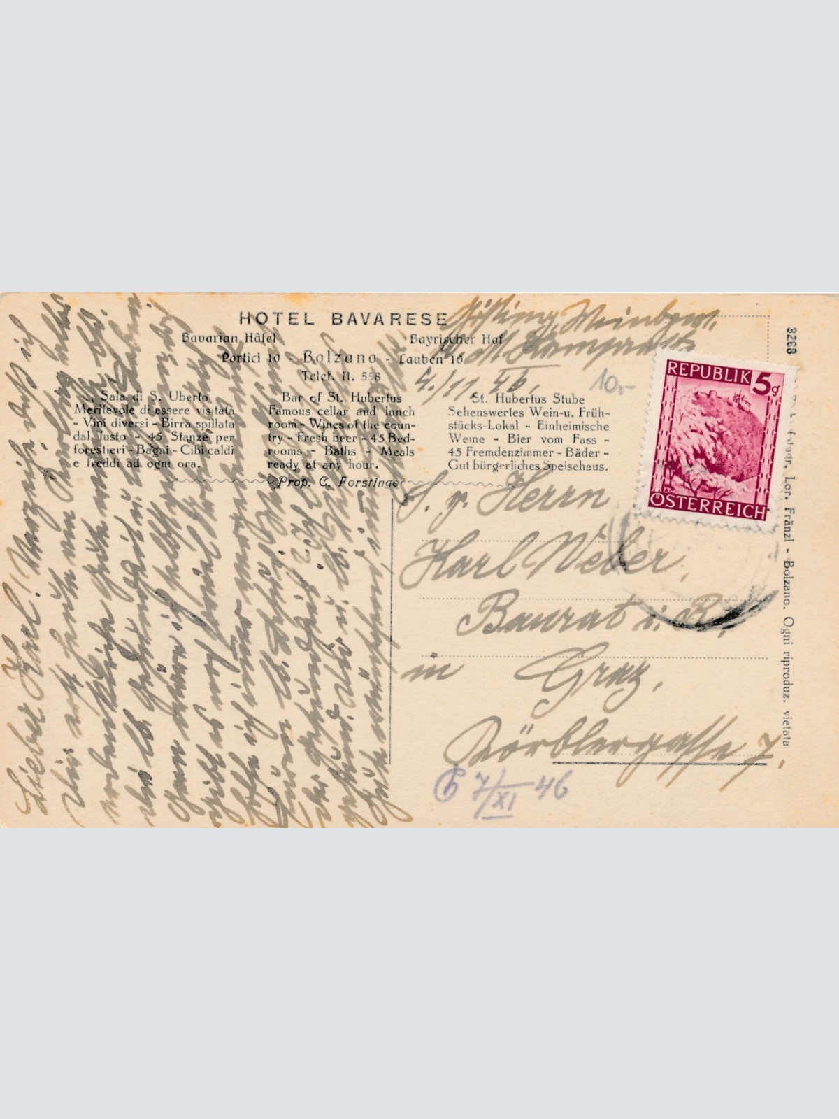 AK aus Bolzano mit Hotel Pensione Bavarese Italien (7975)