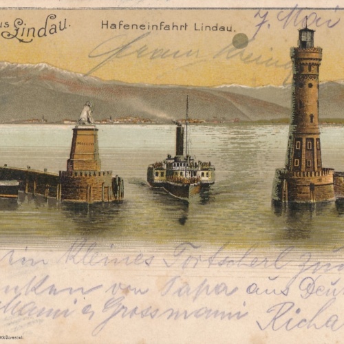 Litho - Karte gruss aus Lindau Hafeneinfahrt Bayern (6608)