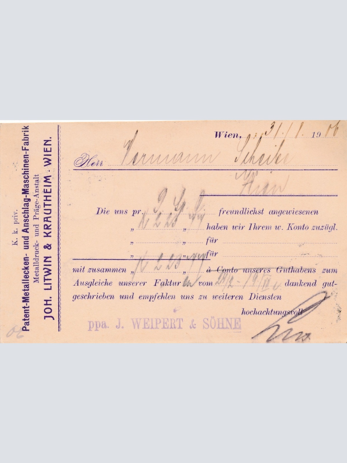 Geschäfts - Postkarte 1906 aus Stockerau Anschlag Maschienen (8536)