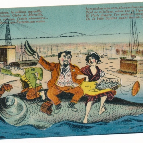 Künstler Karte aus Marseille Frankreich mit Riesen Fisch Ansichtskarte (8571)