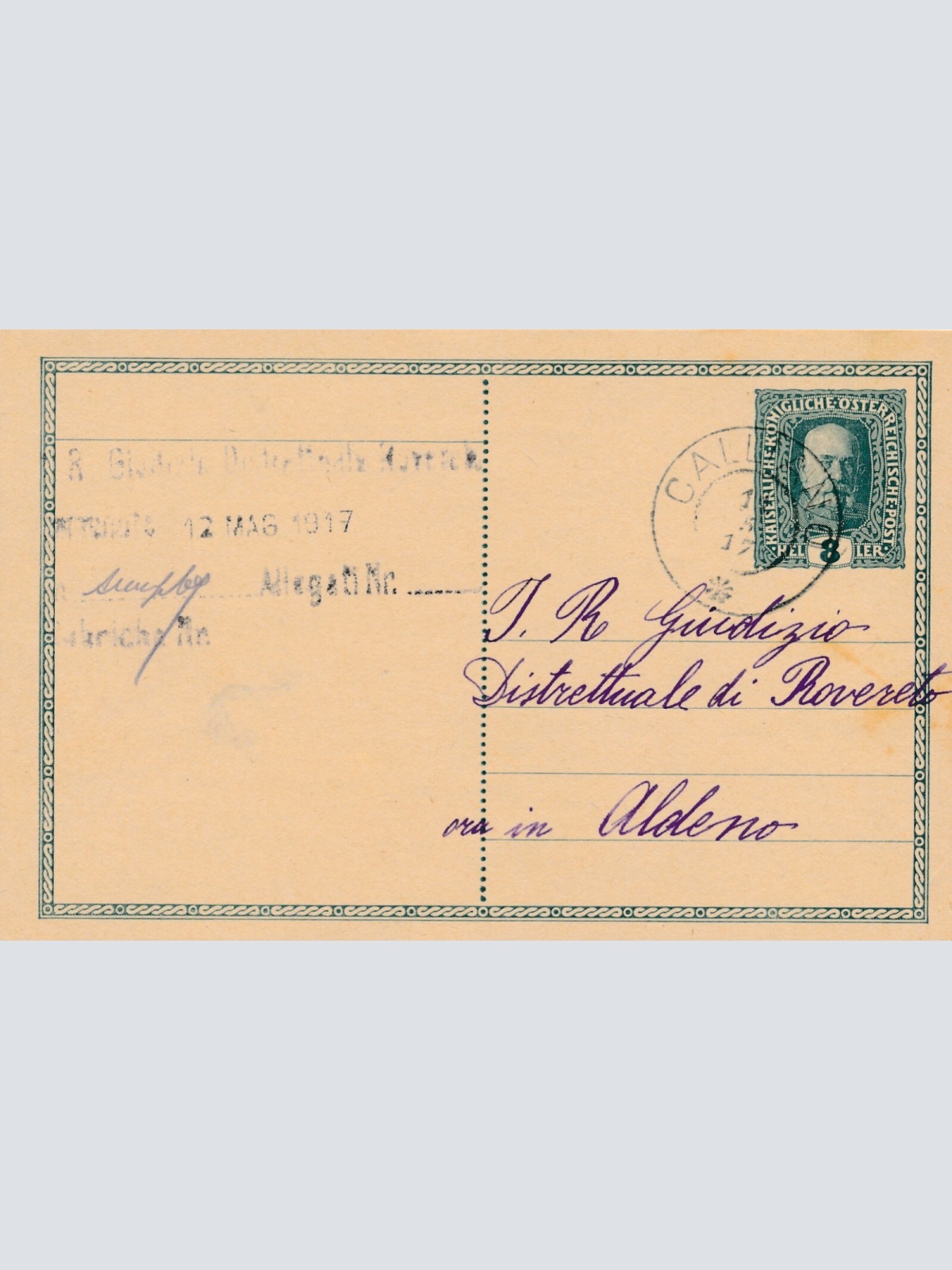 8 Heller Ganzsachen - Karte 1917 aus Calliano (8548)