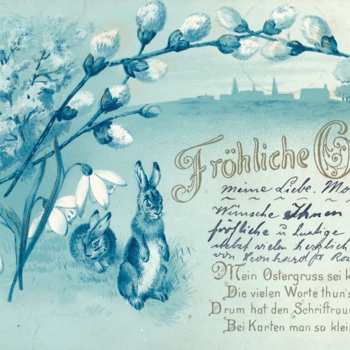 Litho - Karte Fröhliche Ostern mit Hasen Ansichtskarte (8634)