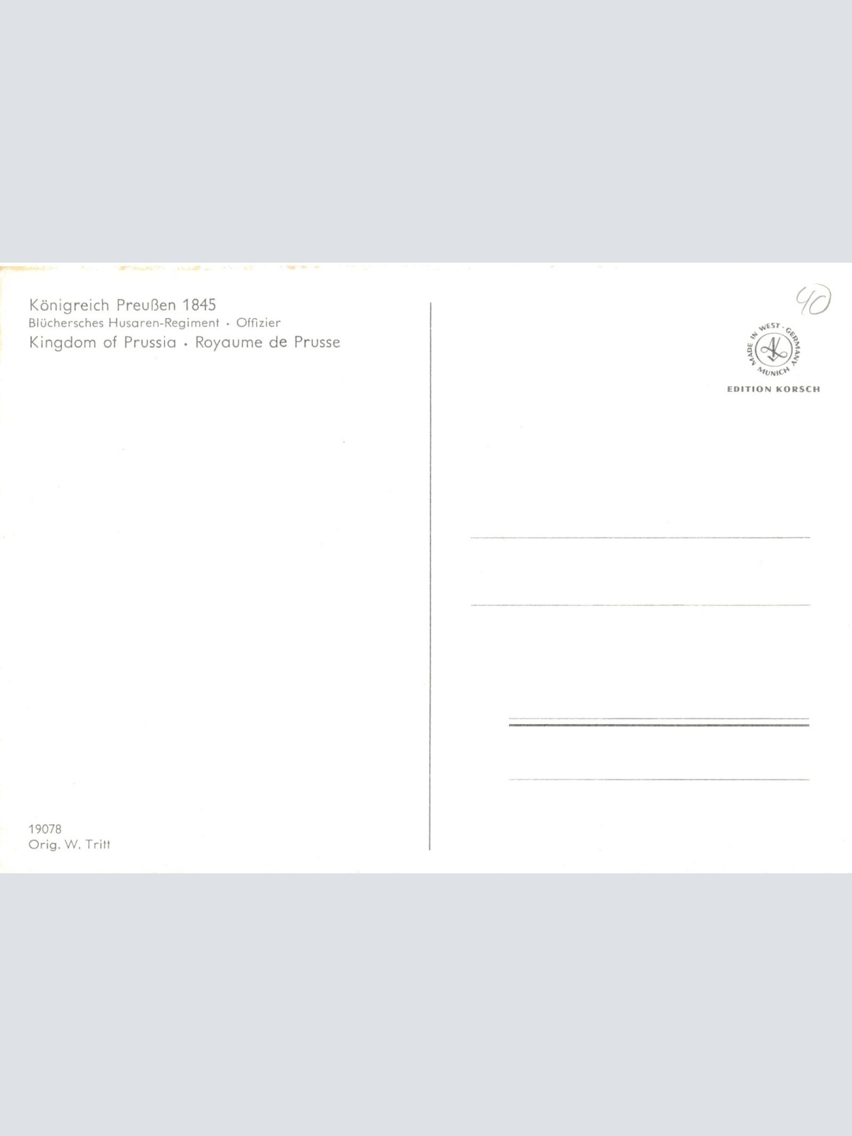 AK Uniform vom Köigreich Preußen 1740 Husaren Reg. Offizier Ansichtskarte (8694)
