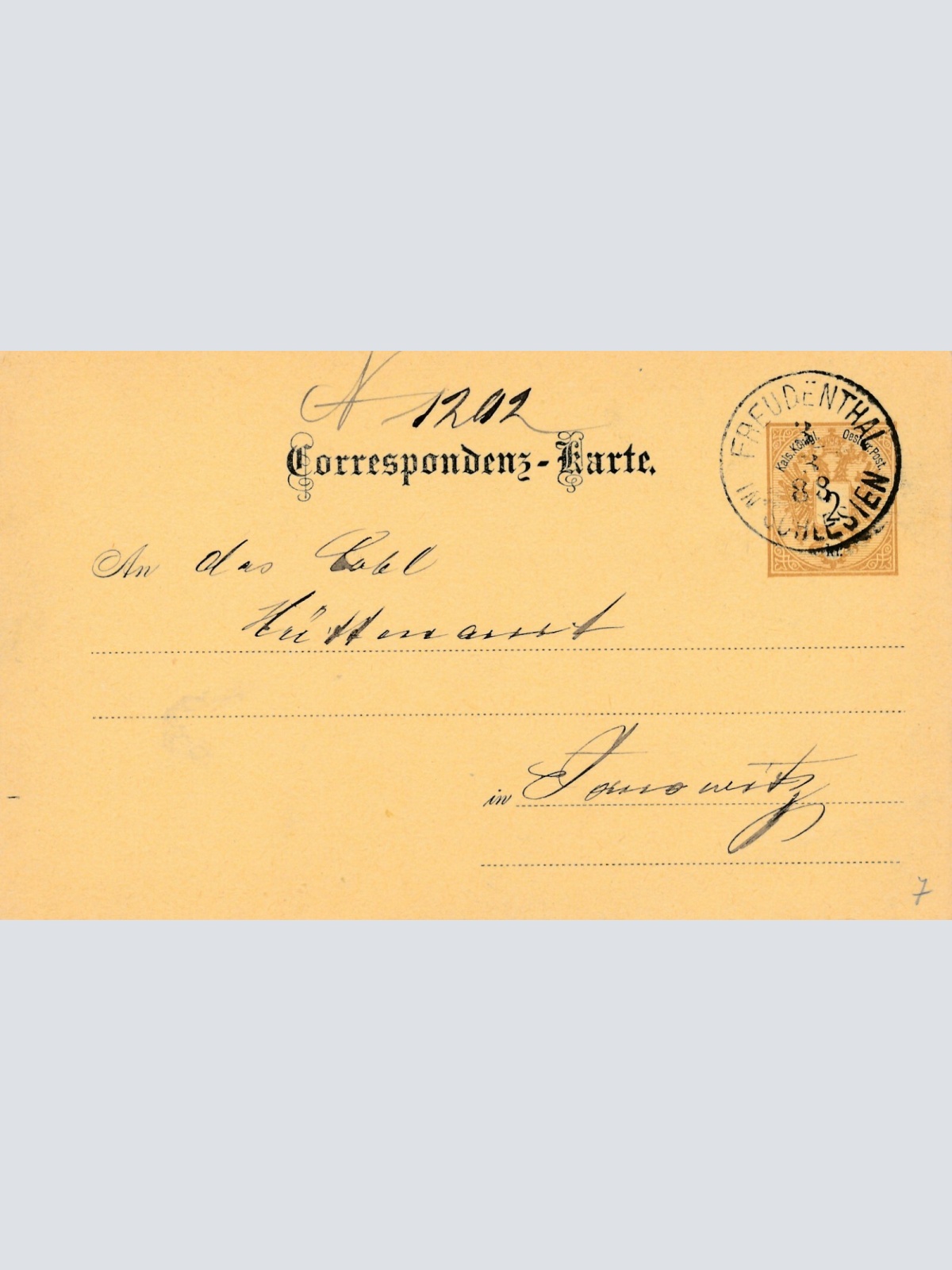 2 Kreuzer Ganzsachen - Karte 1888 aus Freudenthal in Schlesien (8400)