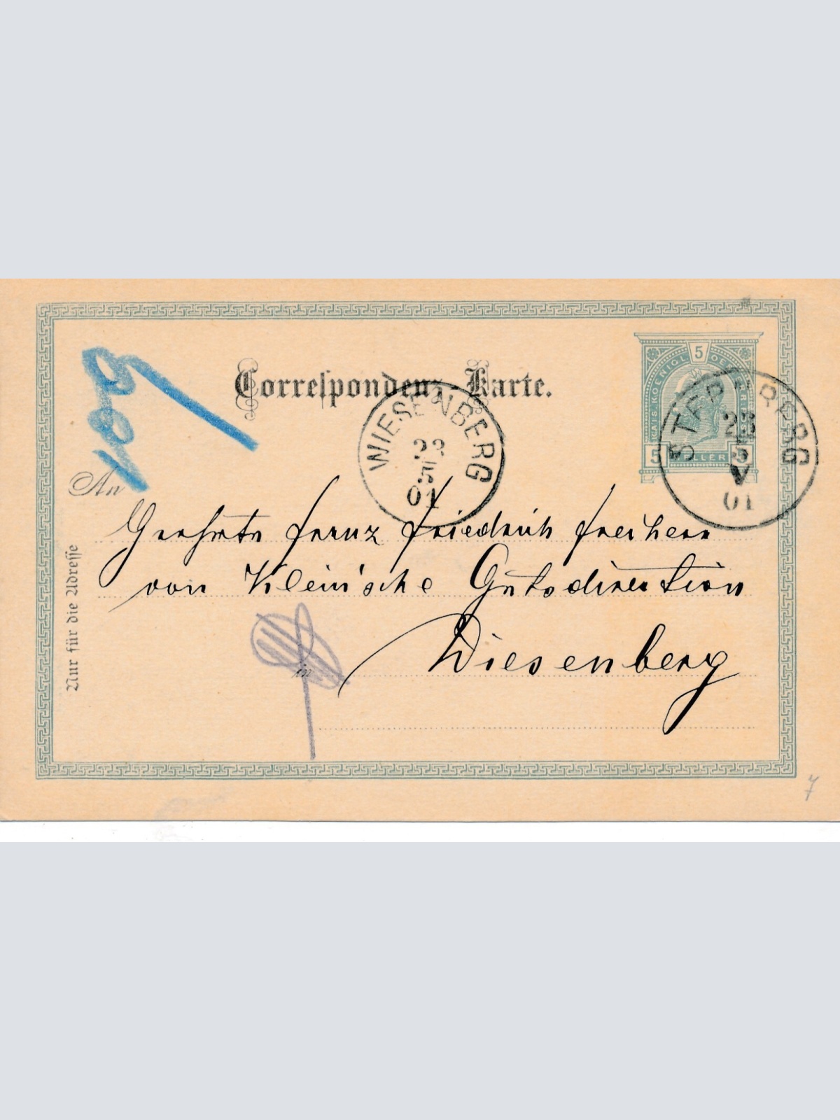 5 Heller Ganzsachen - Karte 1901 aus Wiesenberg (8387)