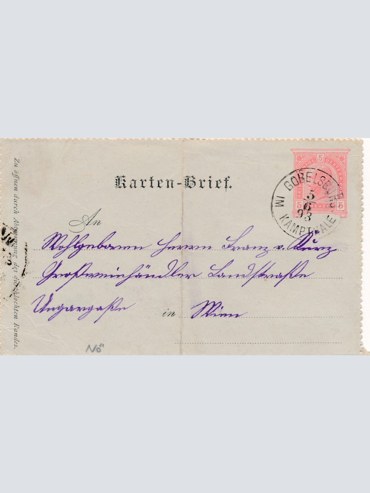 5 Kreuzer Ganzsachen - Karten Brief 1893 aus Göbelsburg (8944)