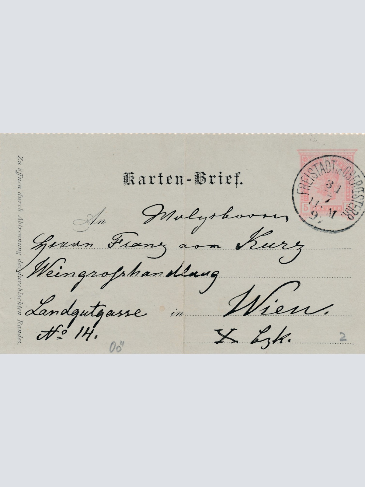 5 Kreuzer Ganzsachen - Karten Brief 1897 aus Freistadt (8945)