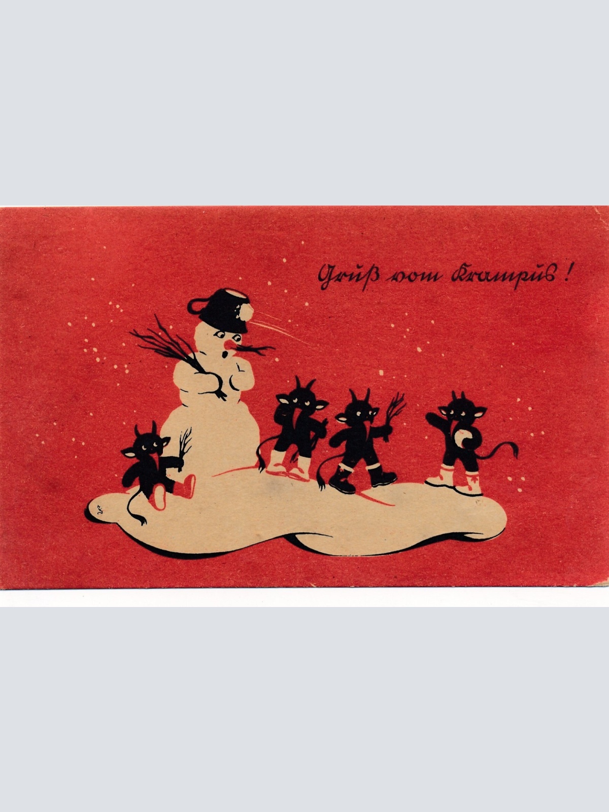 Motiv - Karte gruß vom Krampus drei Krampuse mit Schneemann (7224)