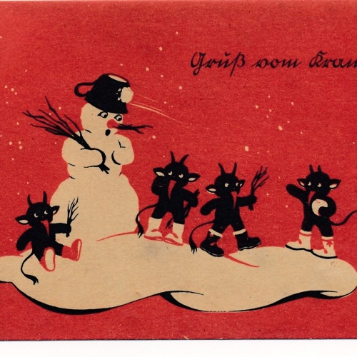 Motiv - Karte gruß vom Krampus drei Krampuse mit Schneemann (7224)