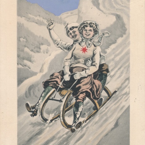 AK Prosit Neujahr zwei Frauen am Schlitten (7199)