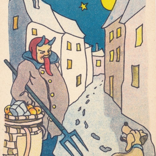 Motiv - Karte Krampus mit Dreizack und Hund (7219)