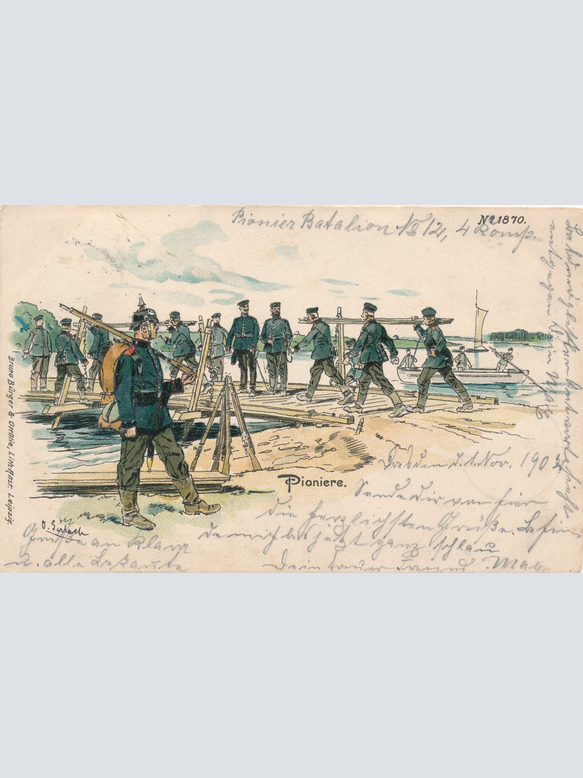 Litho - Karte Pioniere beim Brückenbau (9123)